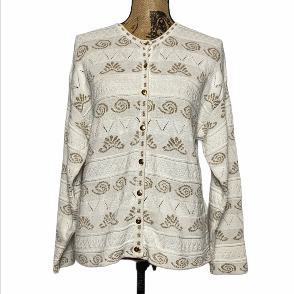White Gold Stitched Pattern Cardigan S